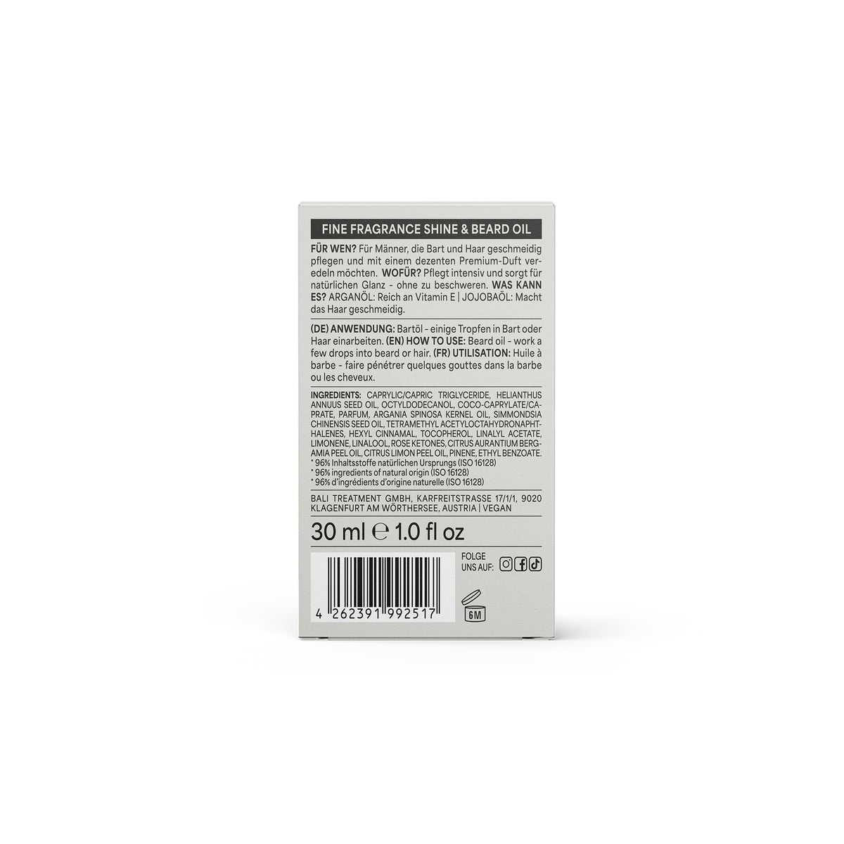 Back of Bali Gents Beard Oil 30ml with list of ingredients, instructions for use and product specifications on a white background.