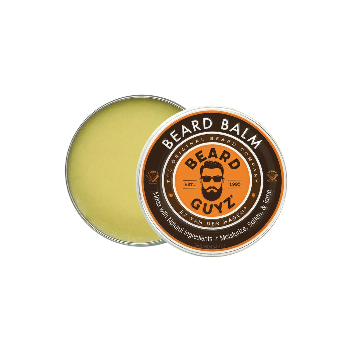 Round tin of beard care balm from Beard Guyz. The balm is yellow and has a black label with product information.