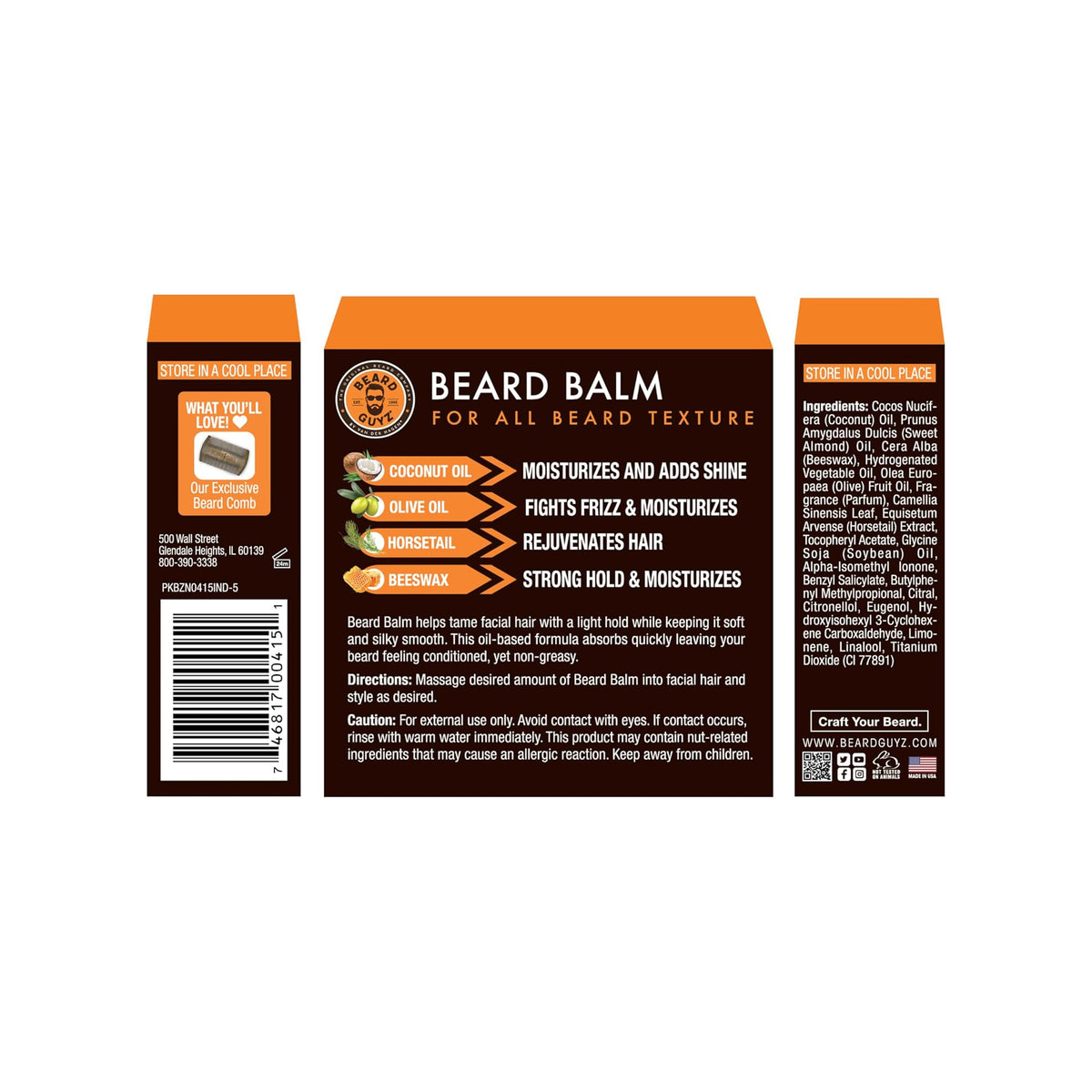Packaging with orange details showing the front and back of a Beard Guyz beard conditioner. The front page shows the product name and icons of ingredients, while the back page contains product information, such as ingredient list and instructions for use.