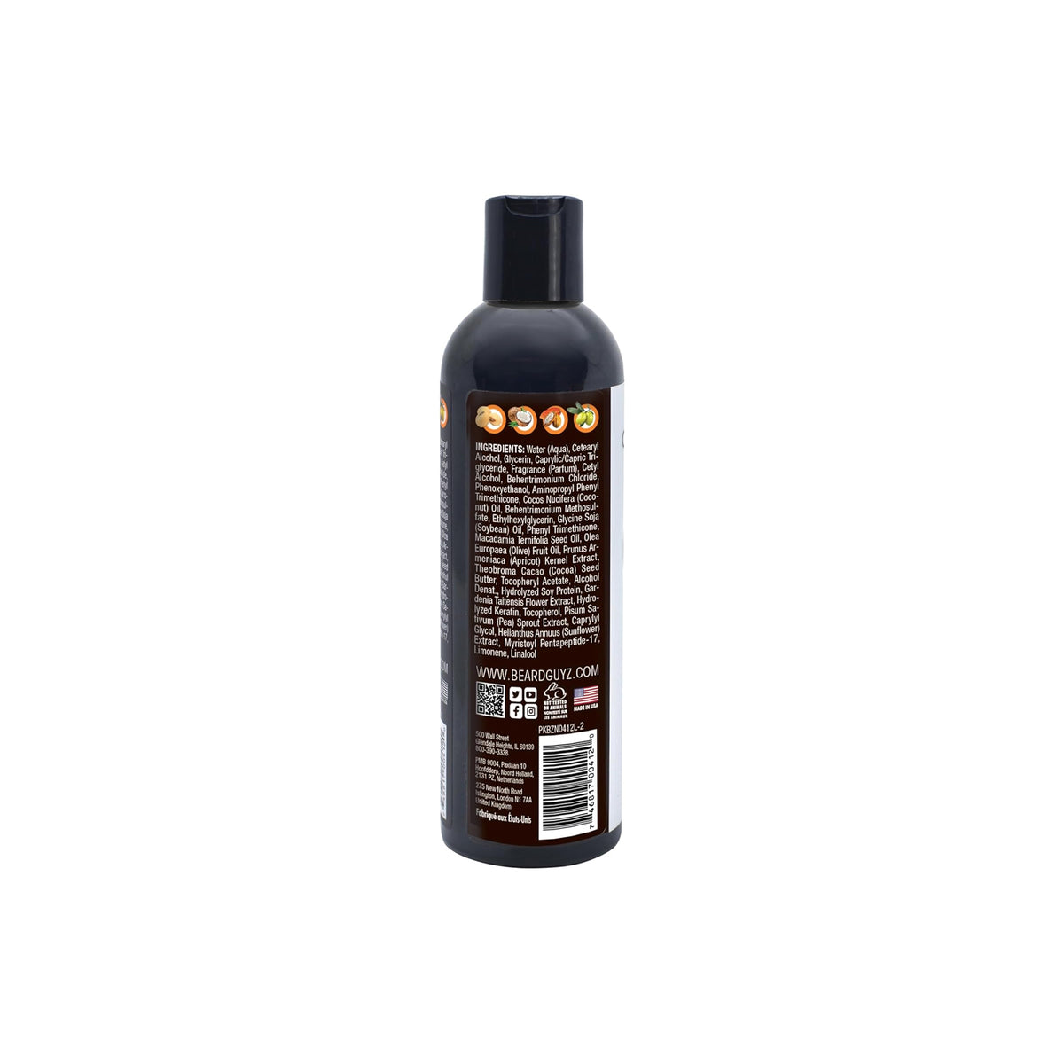 Black plastic bottle of Beard Guyz beard balm. The bottle has a black screw cap and a white label with product information, including ingredient list and instructions for use.