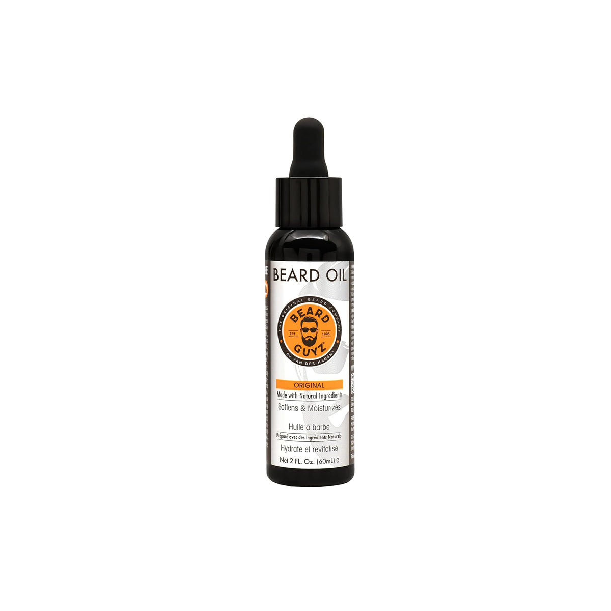 Brown glass bottle with Beard Guyz beard oil. The bottle has a black dropper and an orange label with product information.
