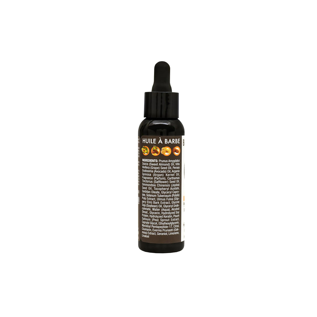 Back of a brown glass bottle of Beard Guyz beard oil. The label is black and white and shows a list of ingredients in French.