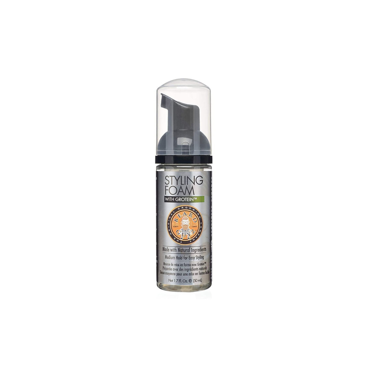 50ml foam bottle with Beard Guyz styling foam for beards. The product is designed to style and shape the beard and is enriched with natural ingredients.