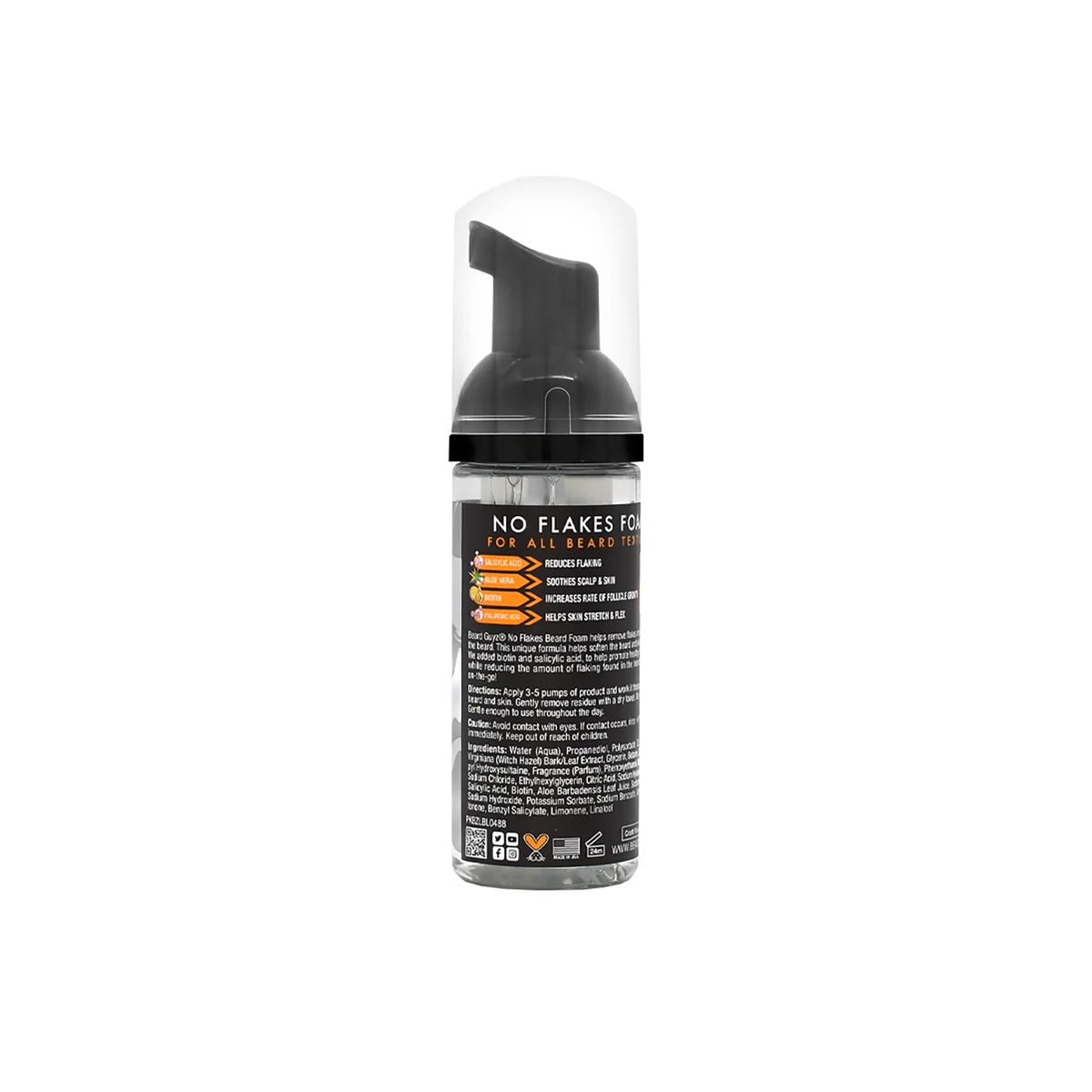 The back of a foam bottle with Beard Guyz styling foam. The bottle has a black top and a white label with product information including ingredients and instructions for use.