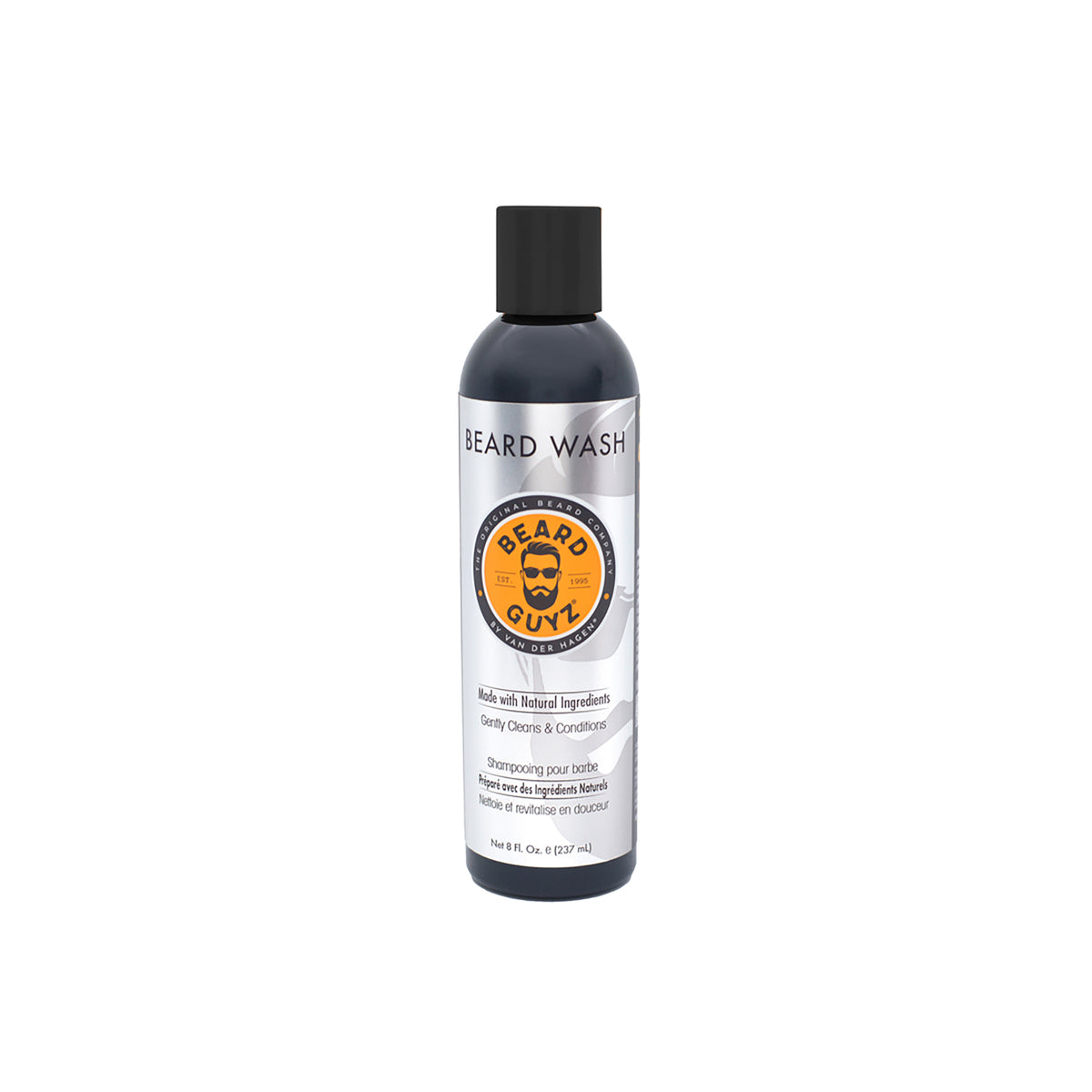 Black plastic bottle of Beard Guyz beard shampoo. The bottle has a black screw cap and a white label with product information.