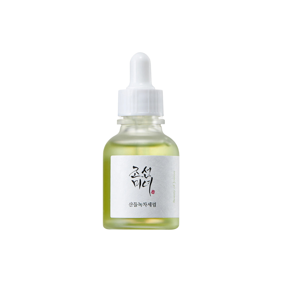 Dropper bottle with Beauty of Joseon Calming Serum: Green tea + Panthenol 30ml in light green liquid and white pipette.