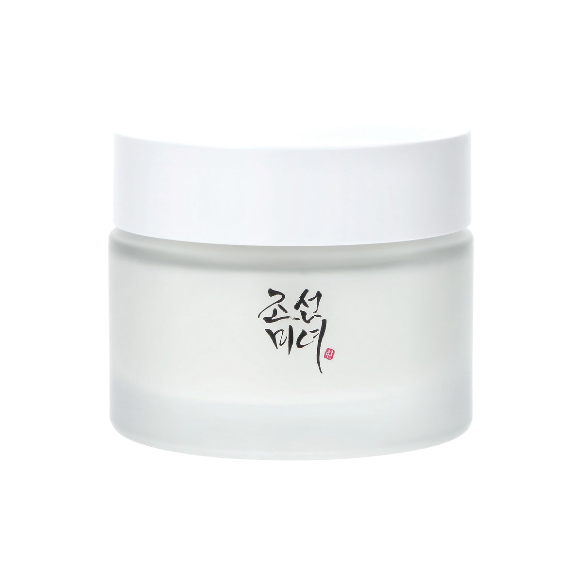 Frosted glass container with white lid and black text, containing Beauty of Joseon Dynasty Cream 50ml.
