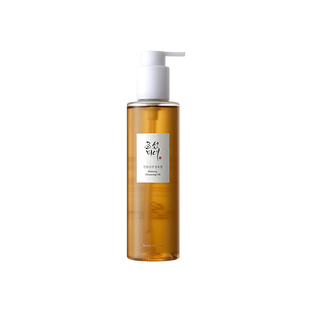 Transparent pump bottle with Beauty of Joseon Ginseng Cleansing Oil 210ml in golden brown oil and white label design.