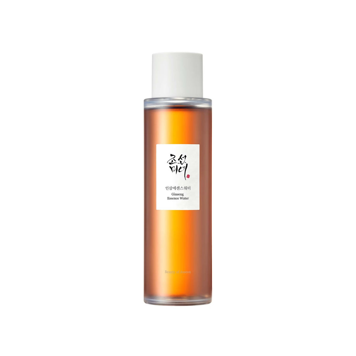Transparent bottle of Beauty of Joseon Ginseng Essence Water 150ml with golden brown liquid and white cap.