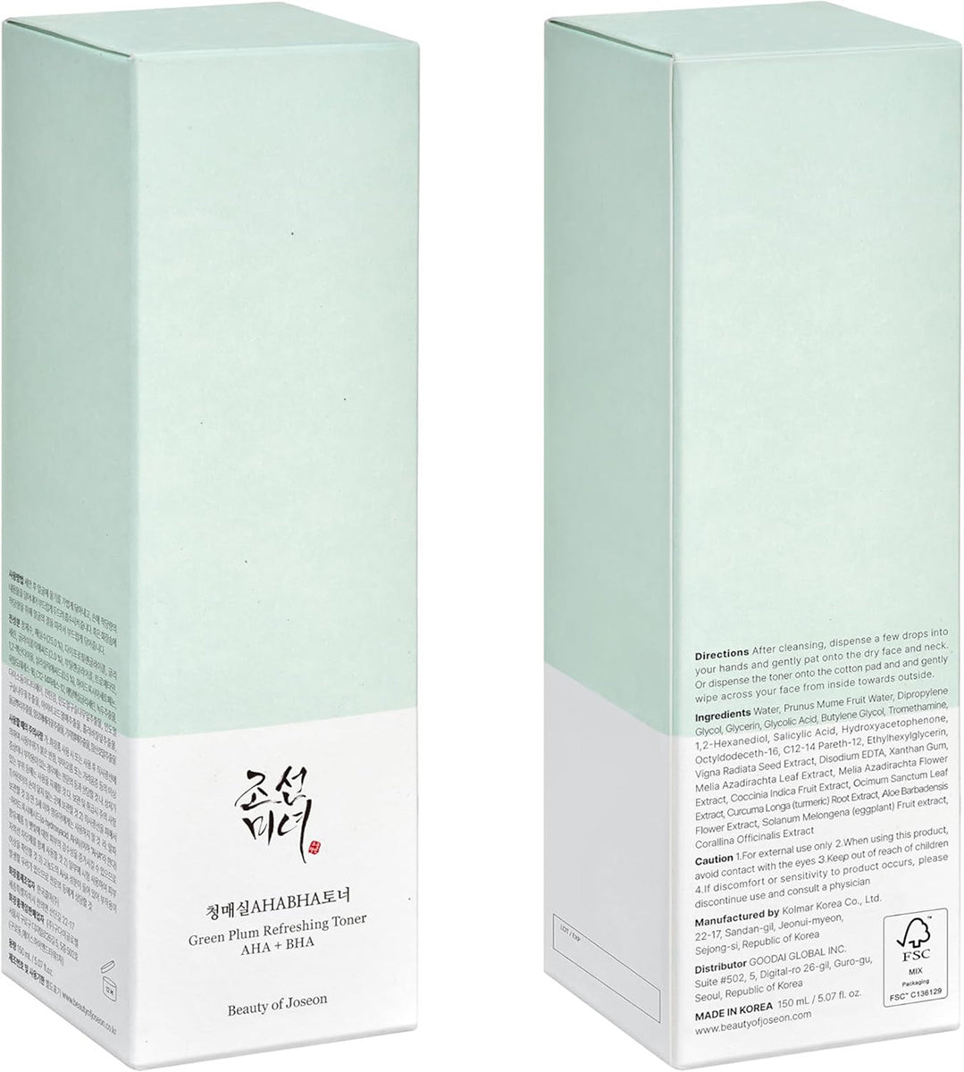 Light green box for Beauty of Joseon Green Plum Refreshing Toner: AHA + BHA 150ml with minimalist design and black text.