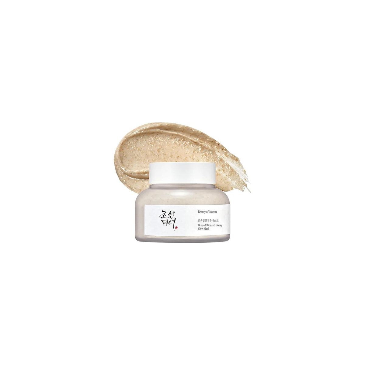 Beauty of Joseon Ground Rice and Honey Glow Mask 150ml in glass jar with creamy, exfoliating mask consistency on the back.