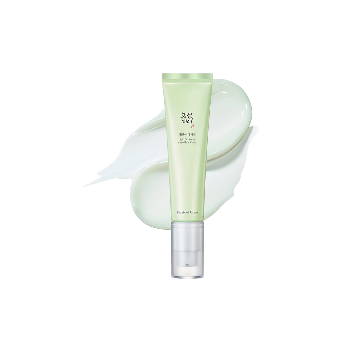 Beauty of Joseon Light On Serum Centella + Vita C 30ml in light green tube with serum texture on the back against a white background.