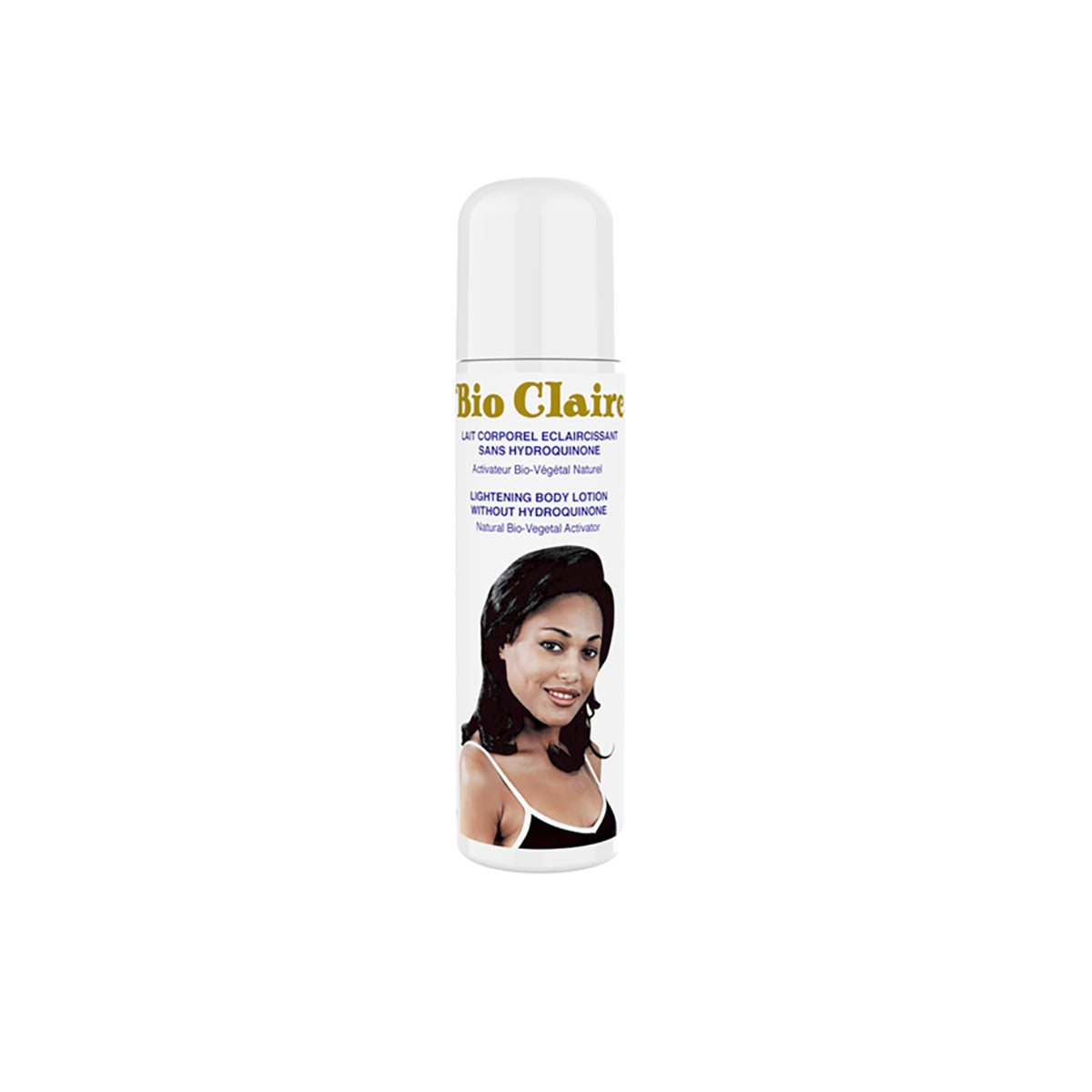 A white bottle of Bio Claire Lightening Body Lotion with gold lettering on the label.