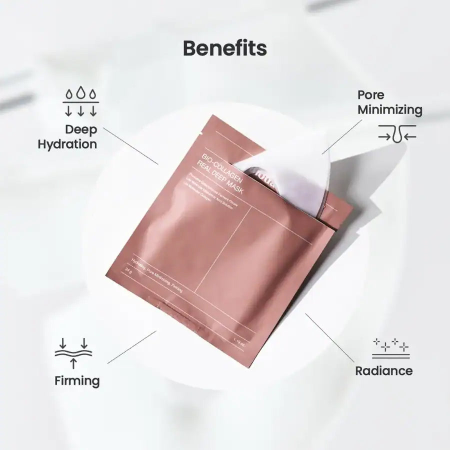 Pink packaging of Biodance Bio Collagen Real Deep Mask on a white base with a focus on moisture, glow and firming.