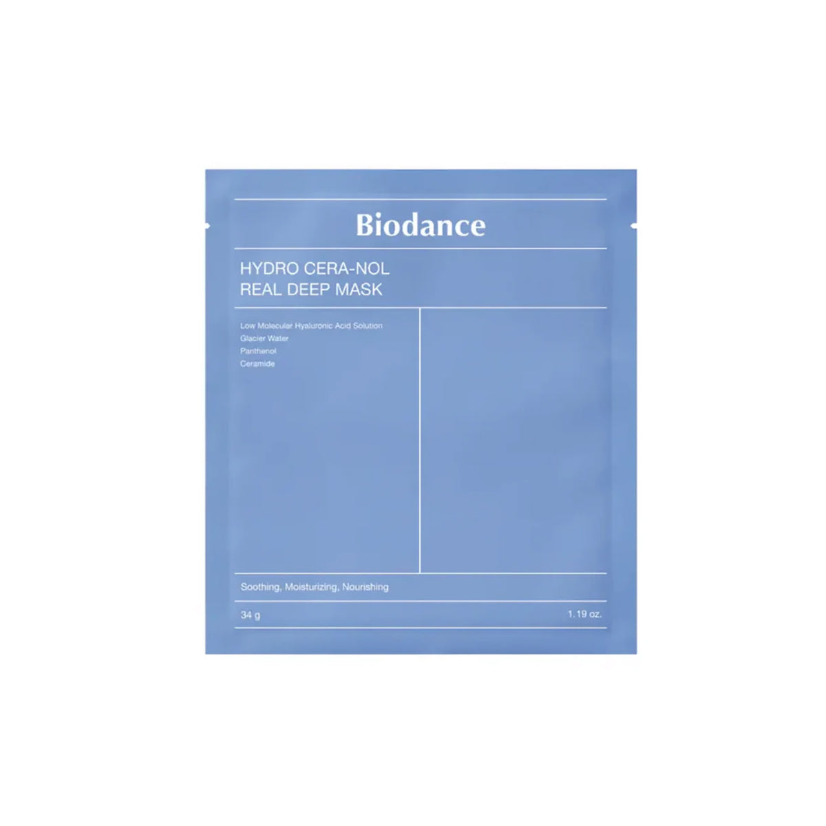 Blue packaging of Biodance Hydro Cera-nol Real Deep Mask with moisturizing and nourishing ingredients printed on the front.