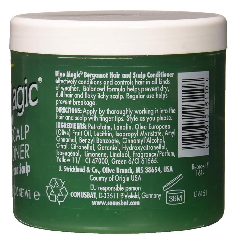 The back of a bucket of Blue Magic Bergamot Hair & Scalp Conditioner with a white lid and green label showing ingredients and instructions for use.
