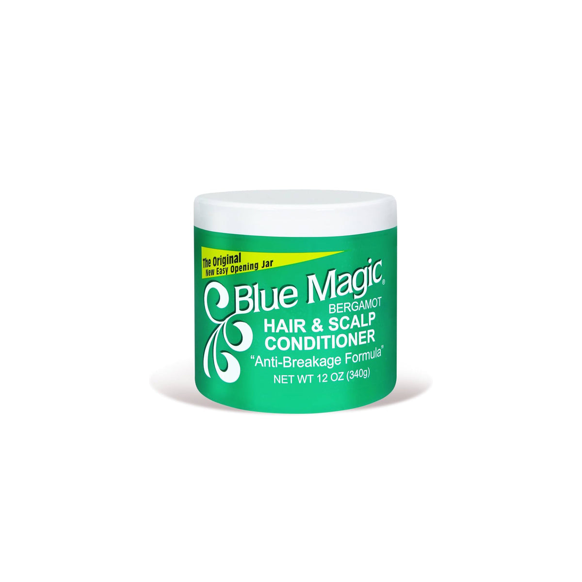 A bucket of Blue Magic Bergamot Hair & Scalp Conditioner with a white lid and green label.