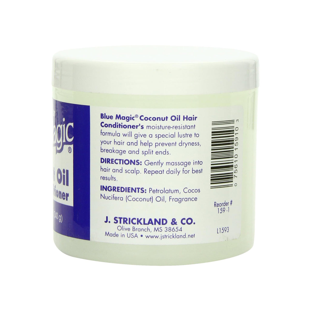 The back of a bucket of Blue Magic Coconut Oil Hair Conditioner with a white lid and blue label showing ingredients and directions for use.