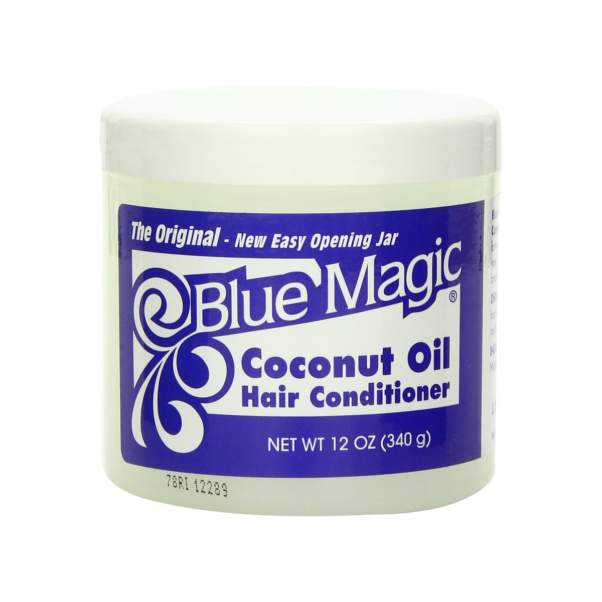 A bucket of Blue Magic Coconut Oil Hair Conditioner with a white lid and blue label.