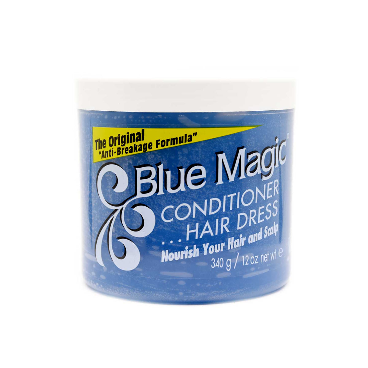 Blue Magic Conditioner Hair Dress in blue bucket with white lid. The text "Anti-Breakage Formula" is highlighted in yellow. 