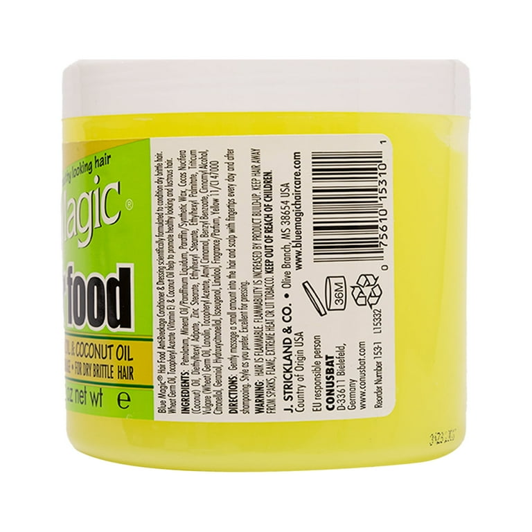 The back of a Blue Magic Hair Food container with ingredient list.