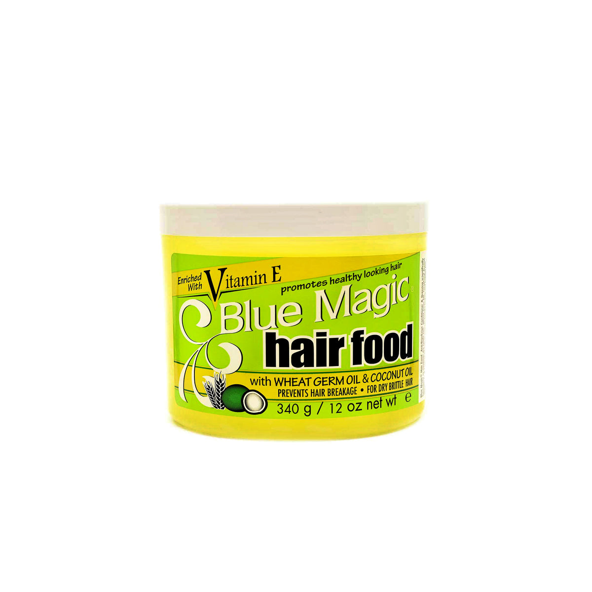 Clear container of Blue Magic Hair Food with wheat germ oil and coconut oil.
