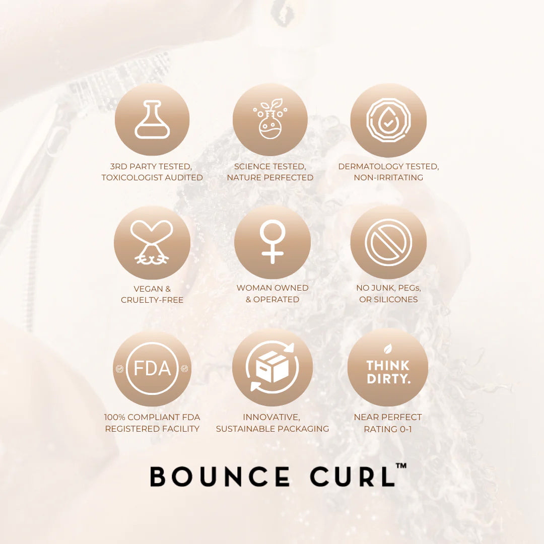 Certifications and benefits of Bounce Curl Ayurvedic Deep Conditioner 237ml shown on golden icons over curly hair background.