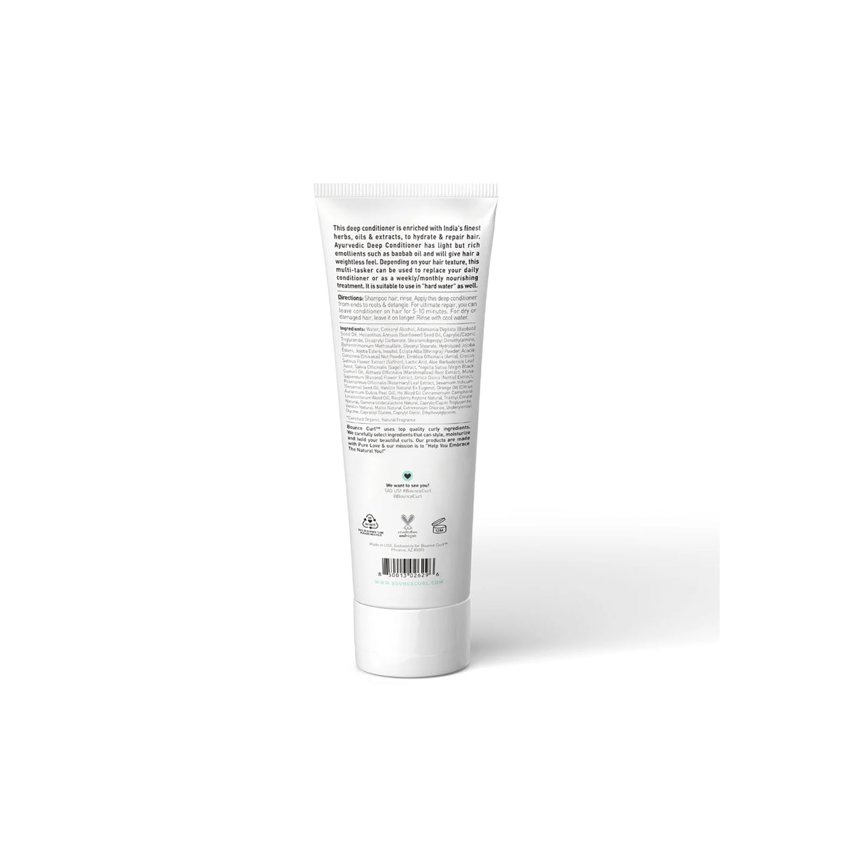 White tube with Bounce Curl Ayurvedic Deep Conditioner 237ml, rear view with text and symbolic certifications.