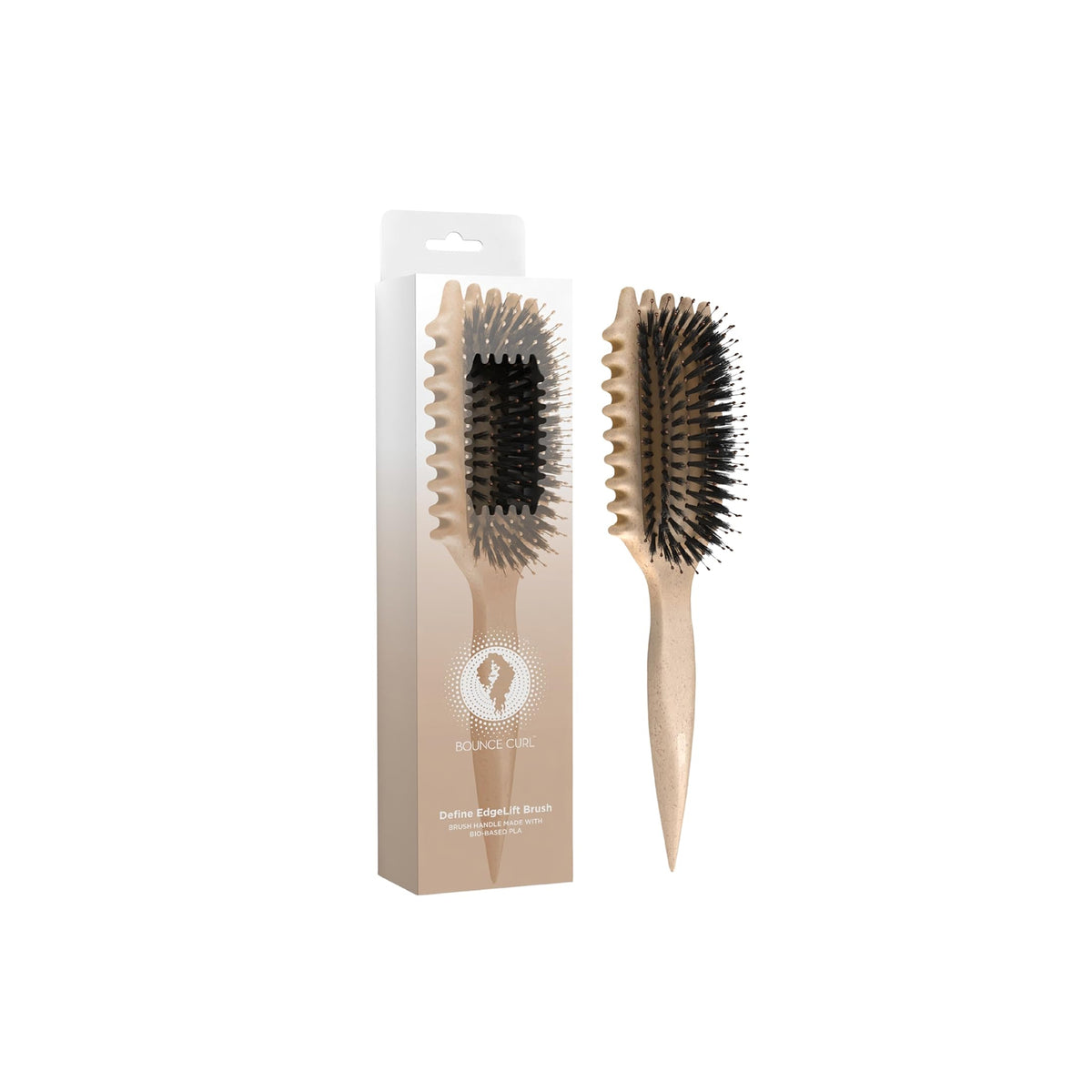 Tan Bounce Curl Define EdgeLift Brush with black brush head shown next to matching packaging in neutral shades.