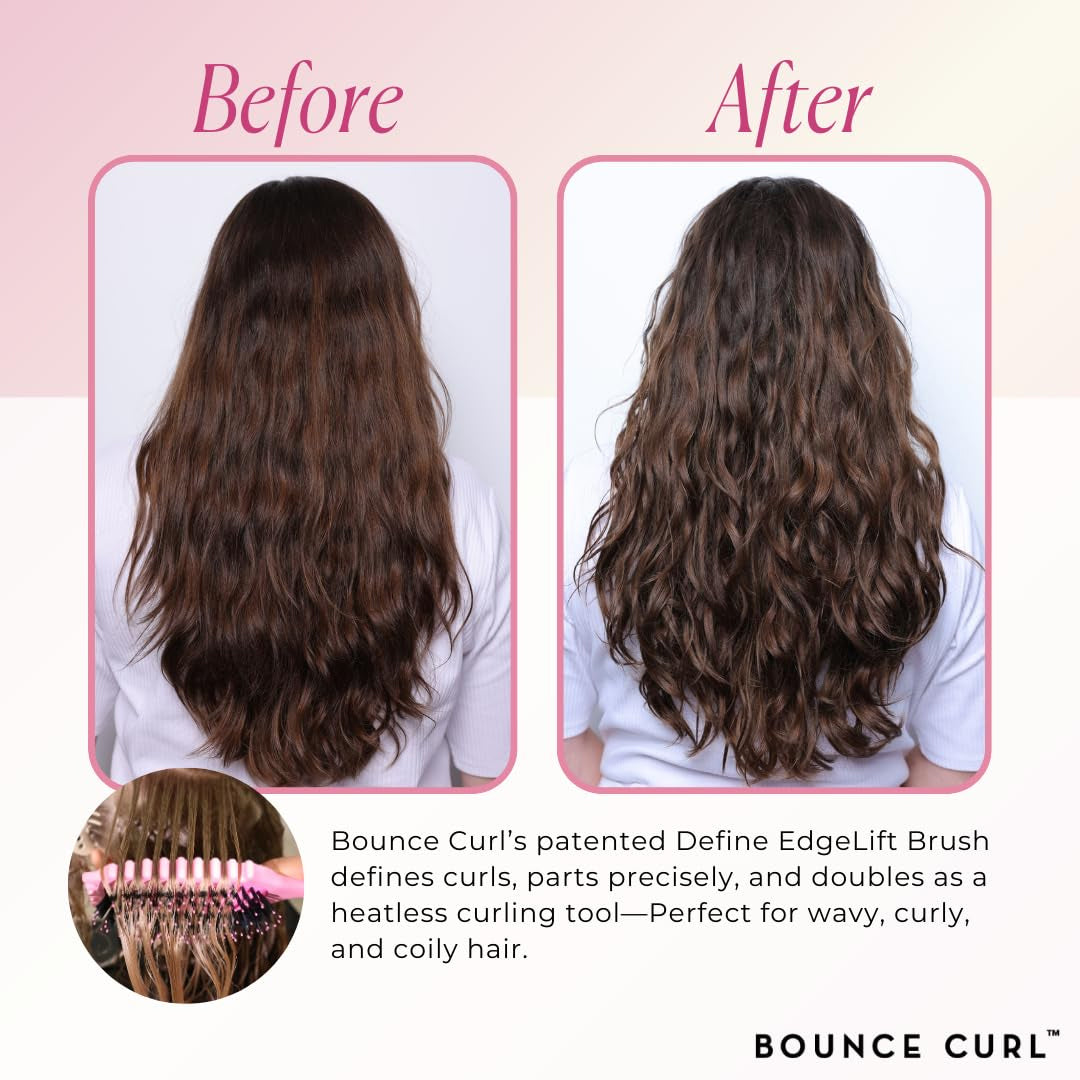 Before and after image of defined curls created with Bounce Curl Define EdgeLift Brush Tan on long brown hair.