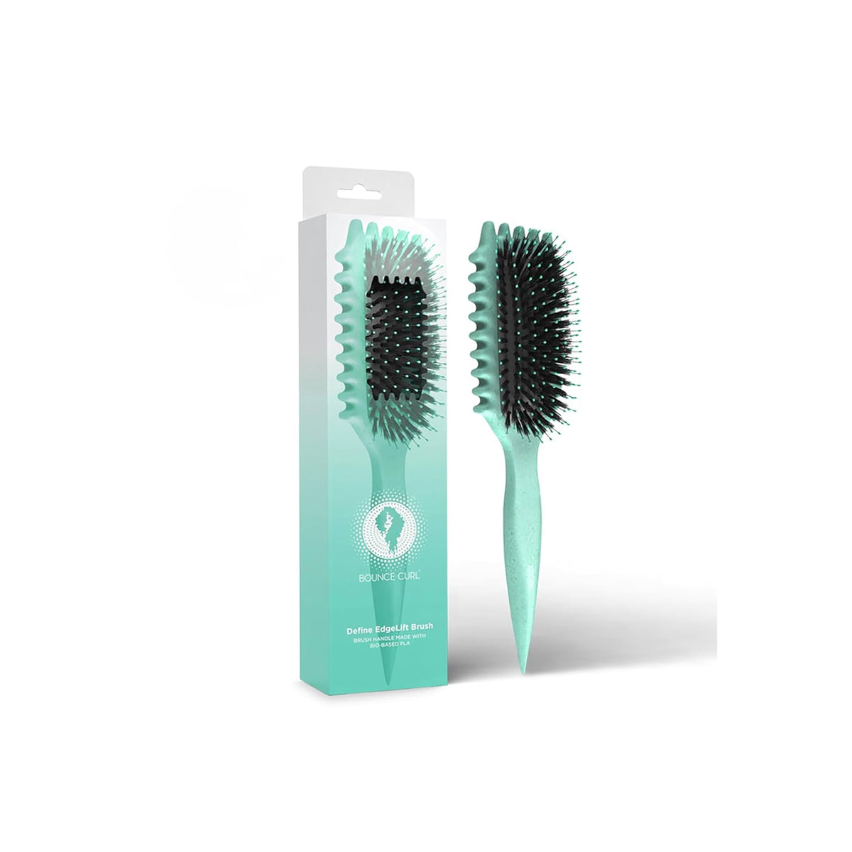 Turquoise Bounce Curl Define EdgeLift Brush with black bristles stands next to matching packaging with product logo.
