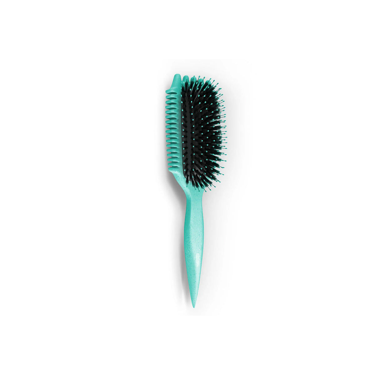 Teal colored Bounce Curl Define EdgeLift Brush with black brush head and ergonomic handle on a white background.