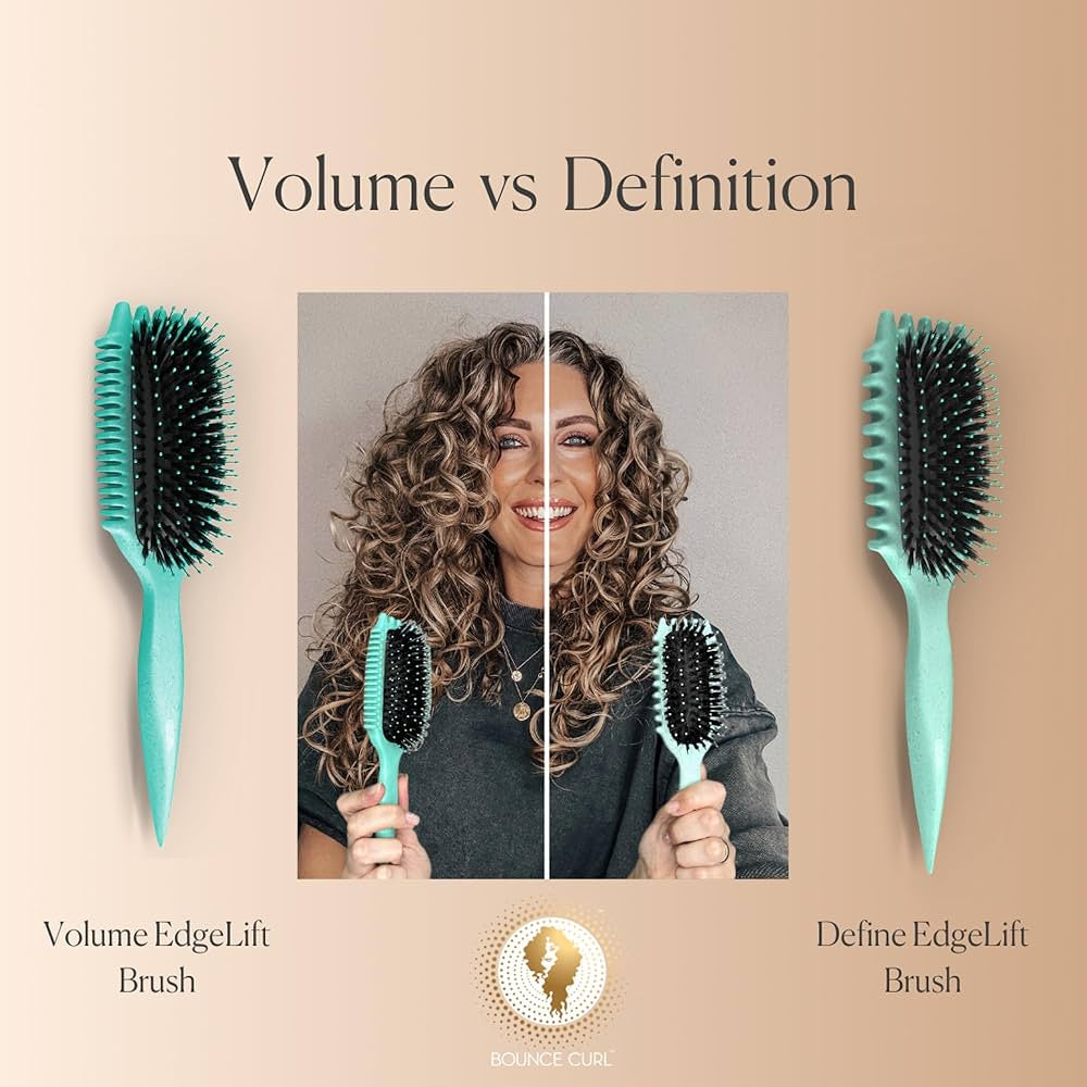 Curly hair styled with Bounce Curl Define EdgeLift Brush Teal, shows the difference between volume and definition.