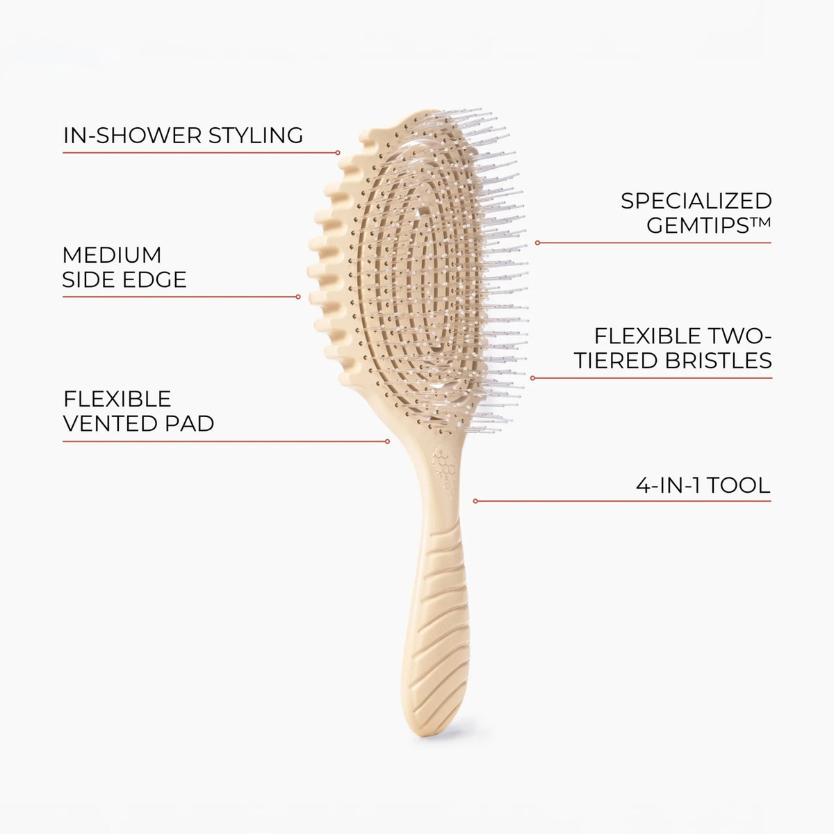 Beige hairbrush with GemTips bristles, ventilated cushion and wavy handle - 4-in-1 tool for in-shower styling.
