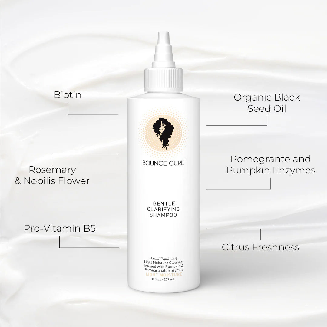Bounce Curl Gentle Clarifying Shampoo 237ml with biotin, black seed oil, pomegranate and pumpkin enzymes, which provides fresh and gentle cleansing.