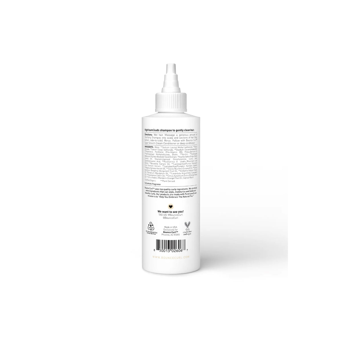 Bounce Curl Gentle Clarifying Shampoo 237 ml baking label with ingredients and logo in black text on white bottle.