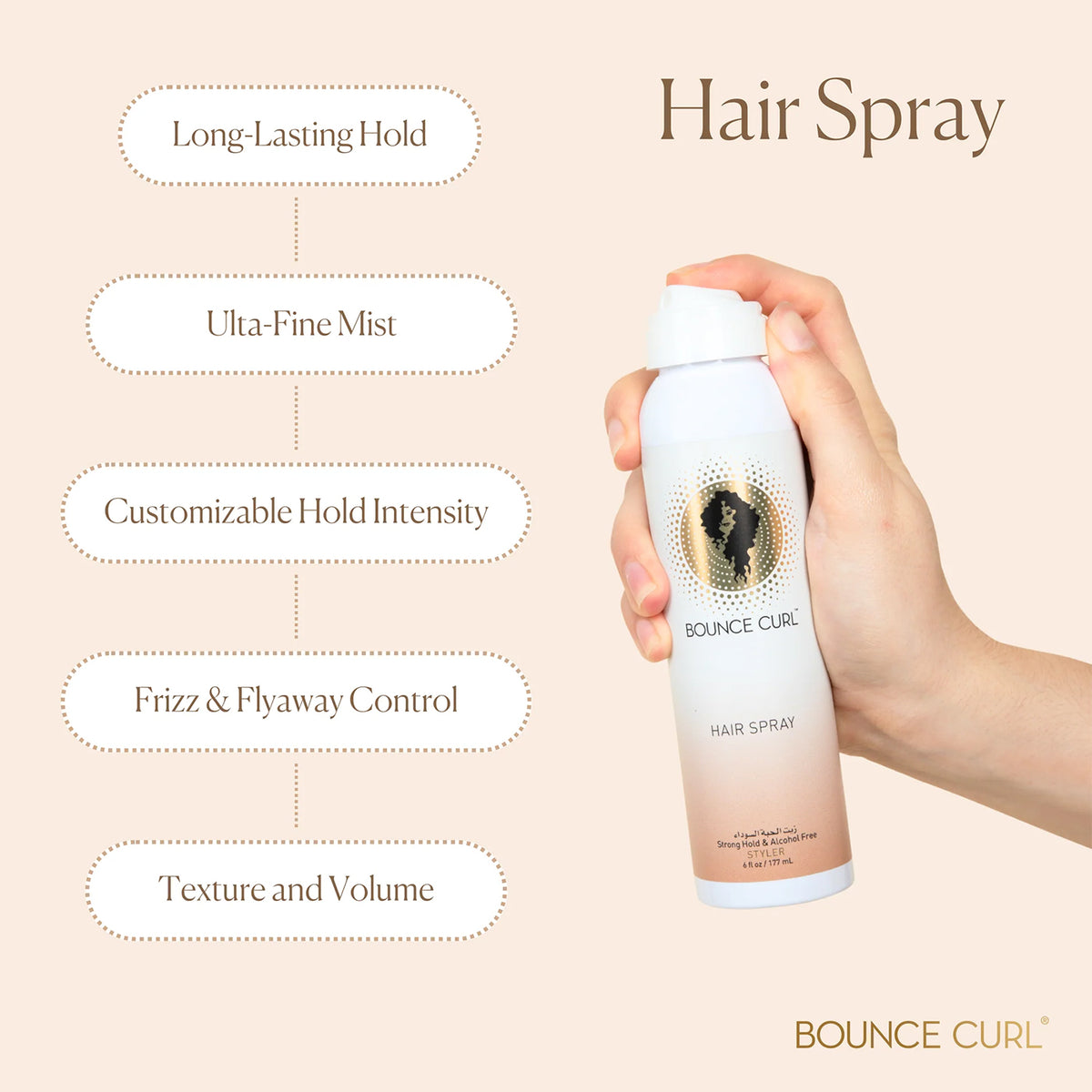 Hand holding Bounce Curl Hair Spray 177ml against light background with text about durability, volume and frizz control.