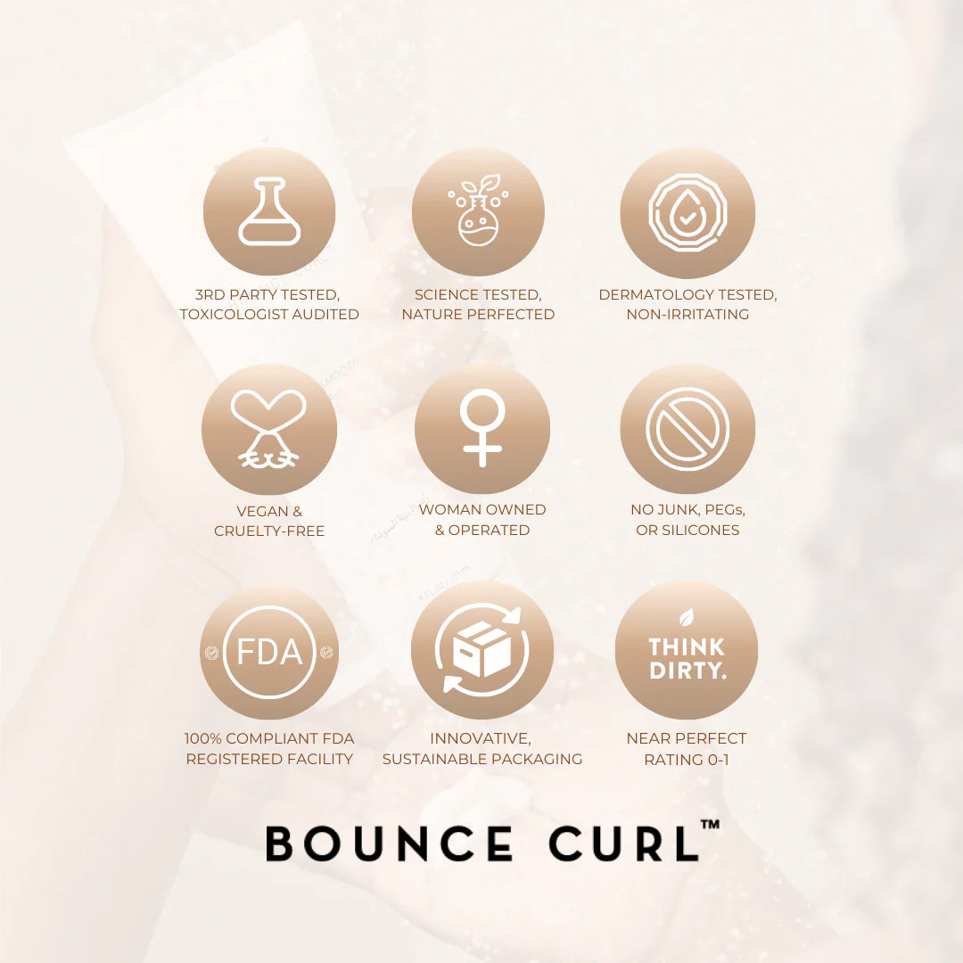 Icons highlighting key benefits of Bounce Curl Hair Spray 177ml, including vegan, silicone-free and dermatologically tested.