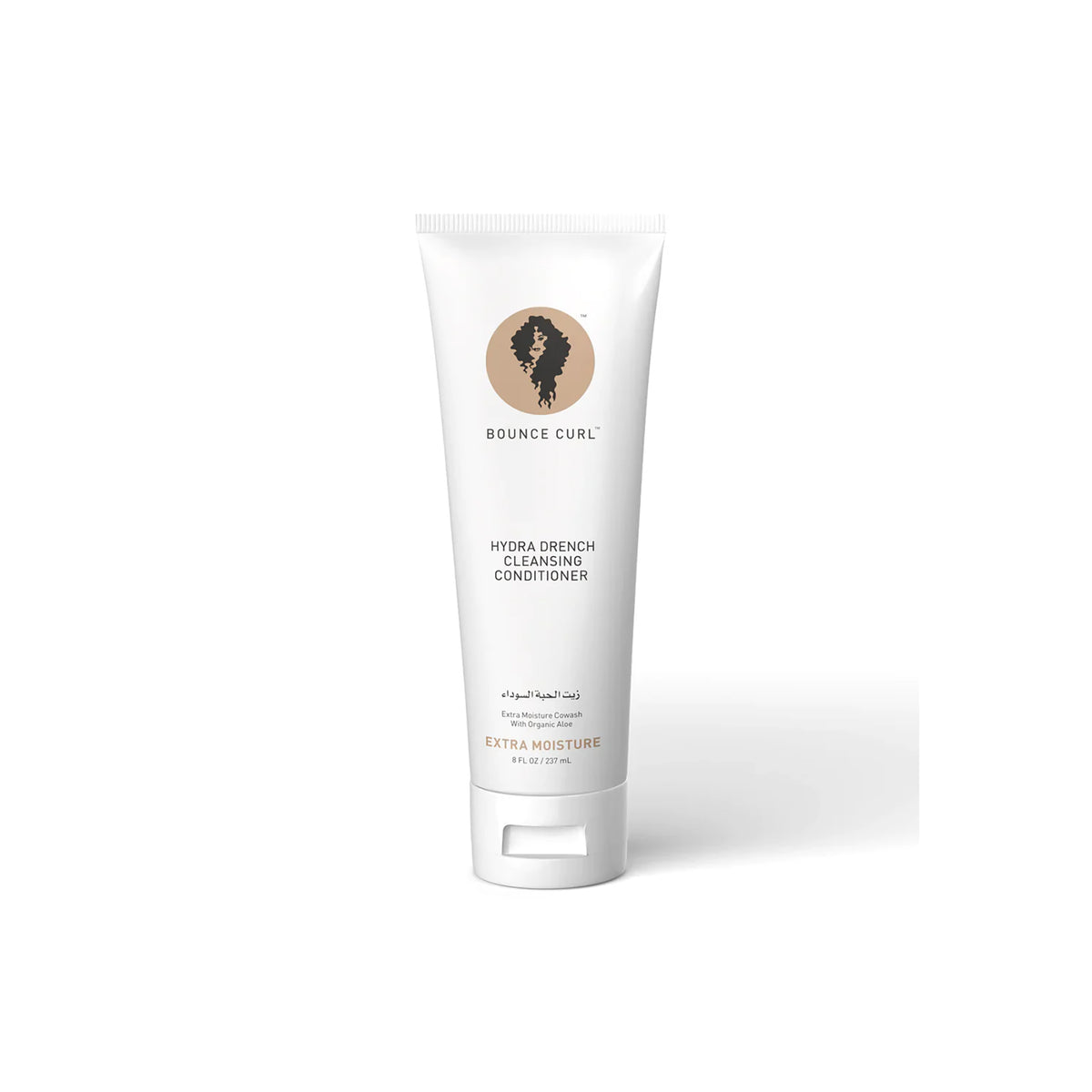 White tube Bounce Curl Hydra-Drench Cleansing Conditioner 237ml with black logo and gold details on pure white background.
