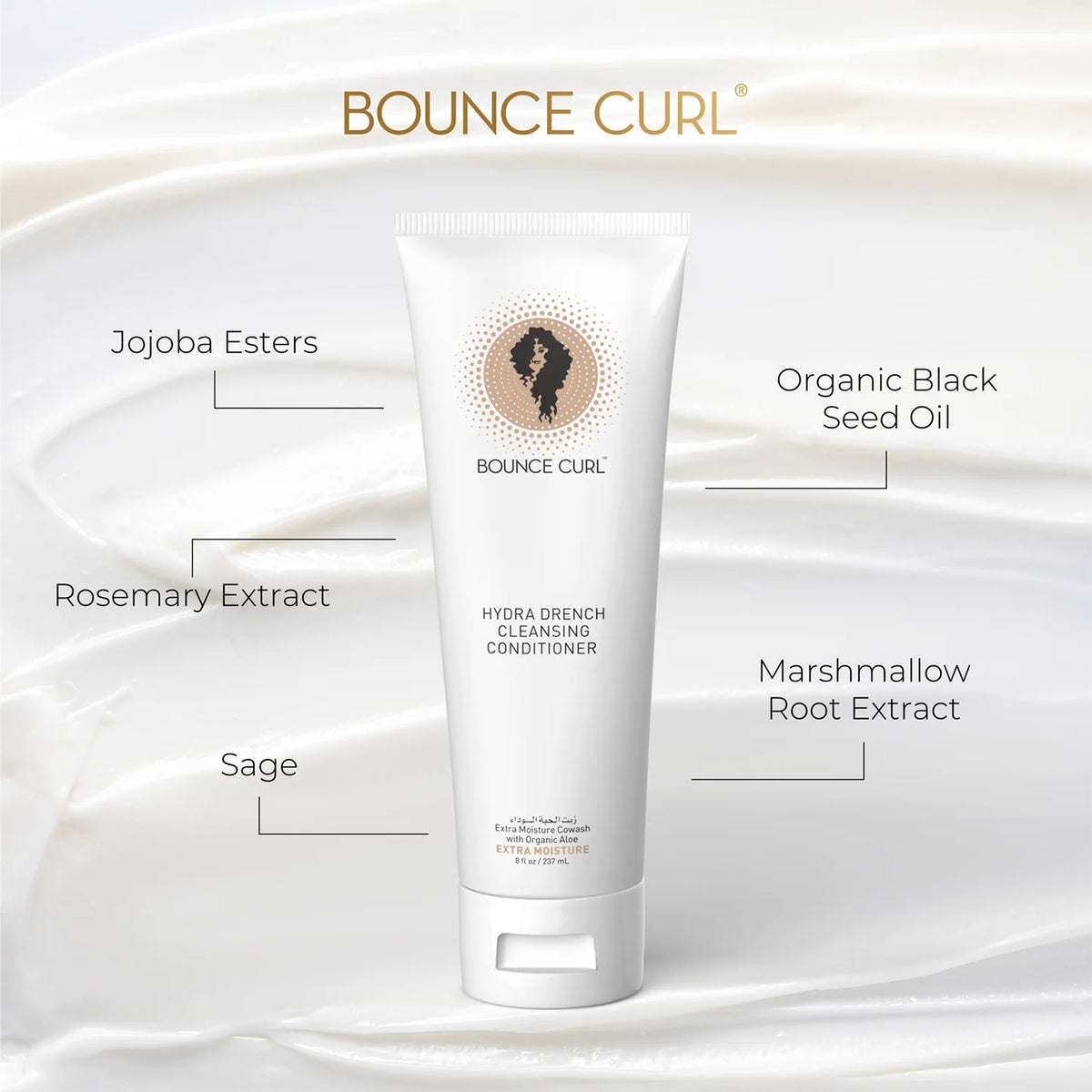 Bounce Curl Hydra-Drench Cleansing Conditioner 237ml standing on a white cream background with notes of natural ingredients.