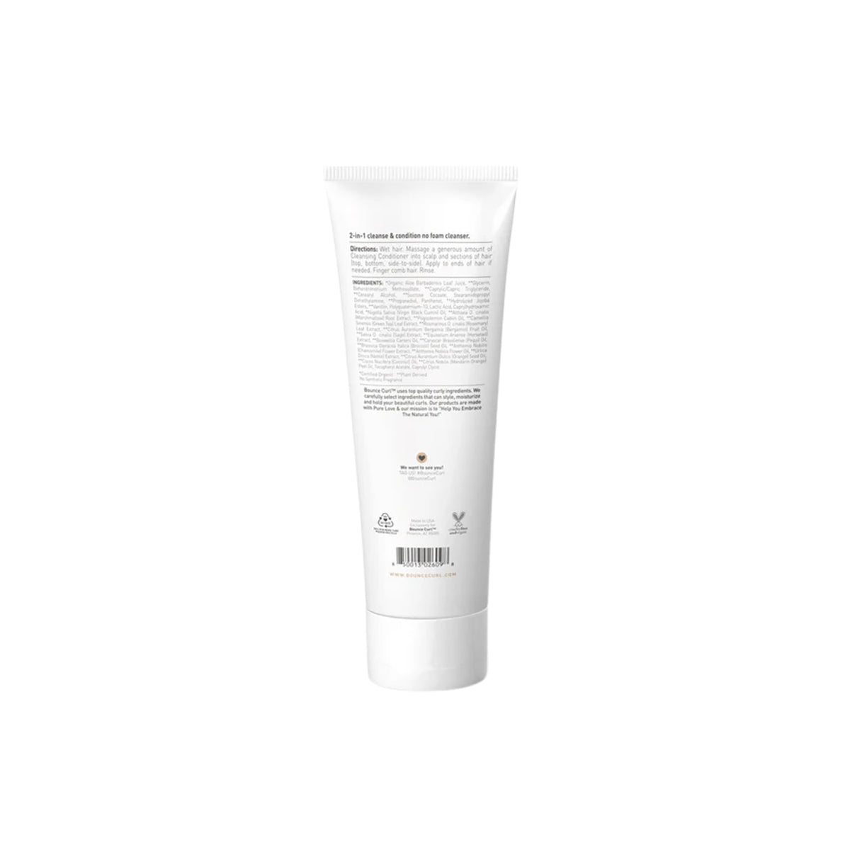 White tube with text on the back of Bounce Curl Hydra-Drench Cleansing Conditioner 237ml against a white background.