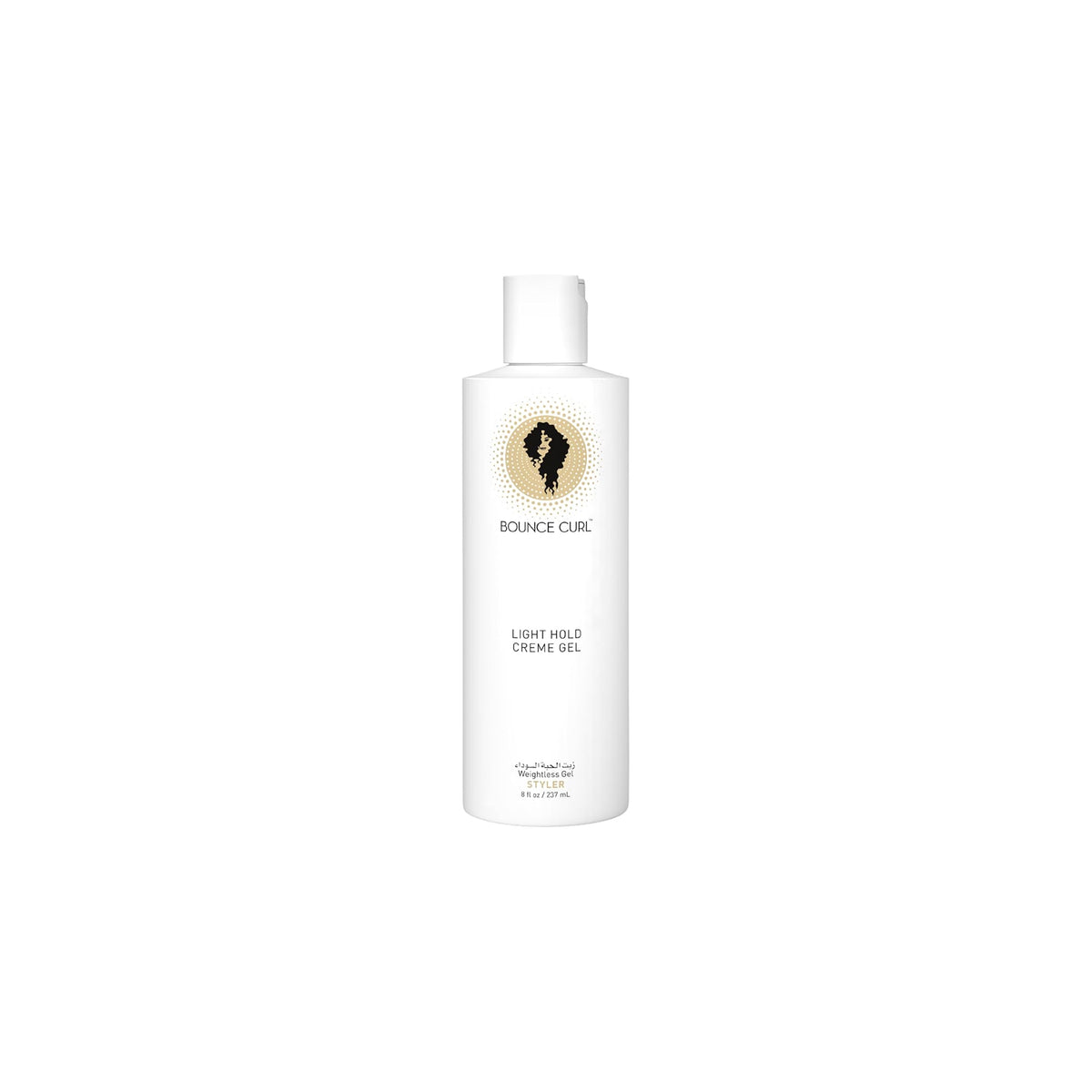 White bottle of Bounce Curl Light Creme Gel 237ml with golden logo and black silhouette on a clean, white background.