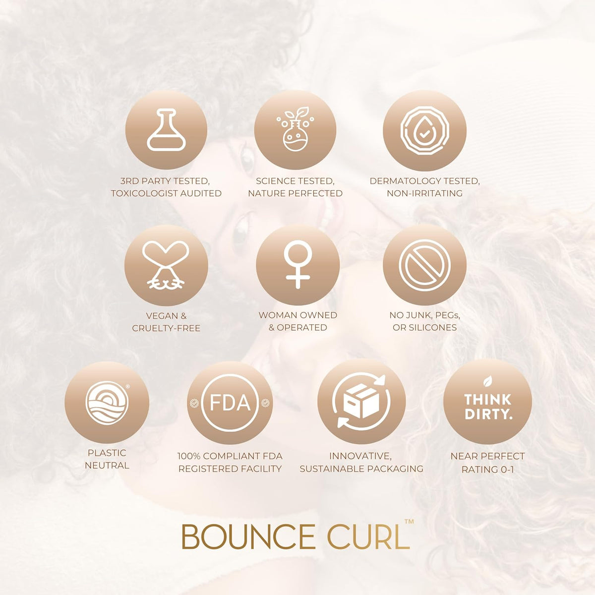 12 round icons present key benefits of Bounce Curl Light Creme Gel 237ml, including vegan, silicone-free and sustainable formula.