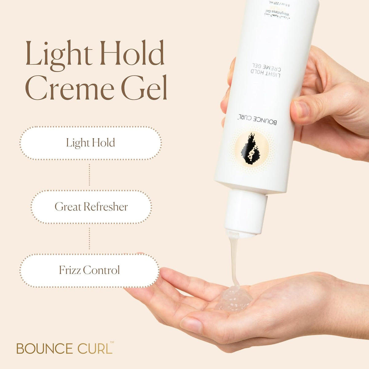Bounce Curl Light Creme Gel 237ml is squeezed out by hand from a white bottle, with a focus on light hold and frizz control.