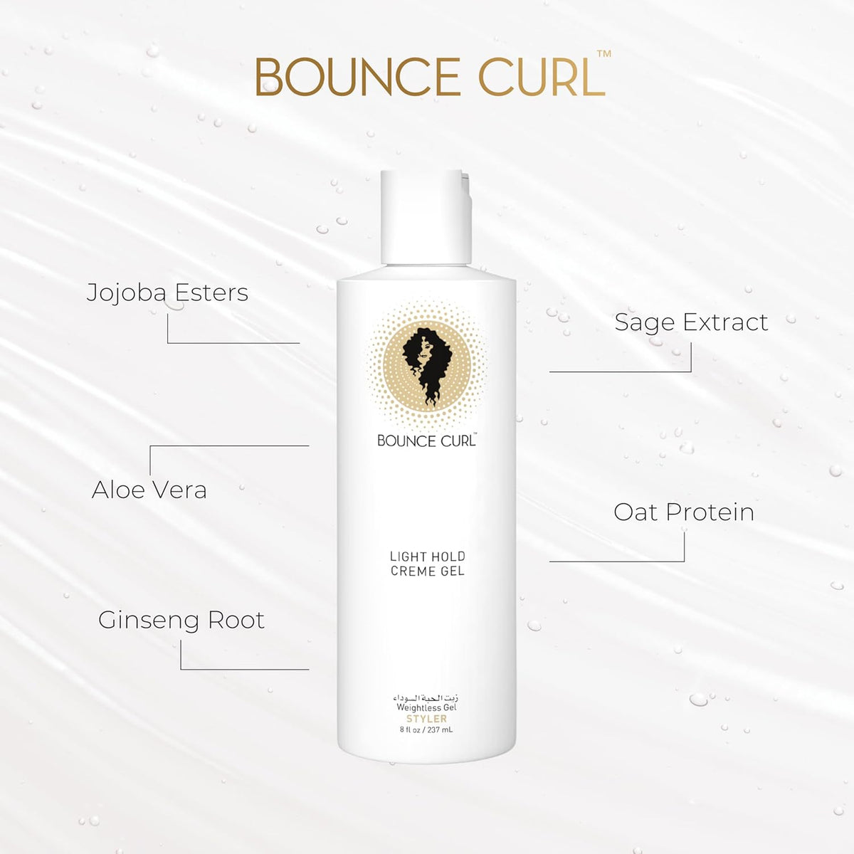 Bounce Curl Light Crème Gel with ingredients such as aloe vera, jojoba, ginseng root, oat protein and sage extract.