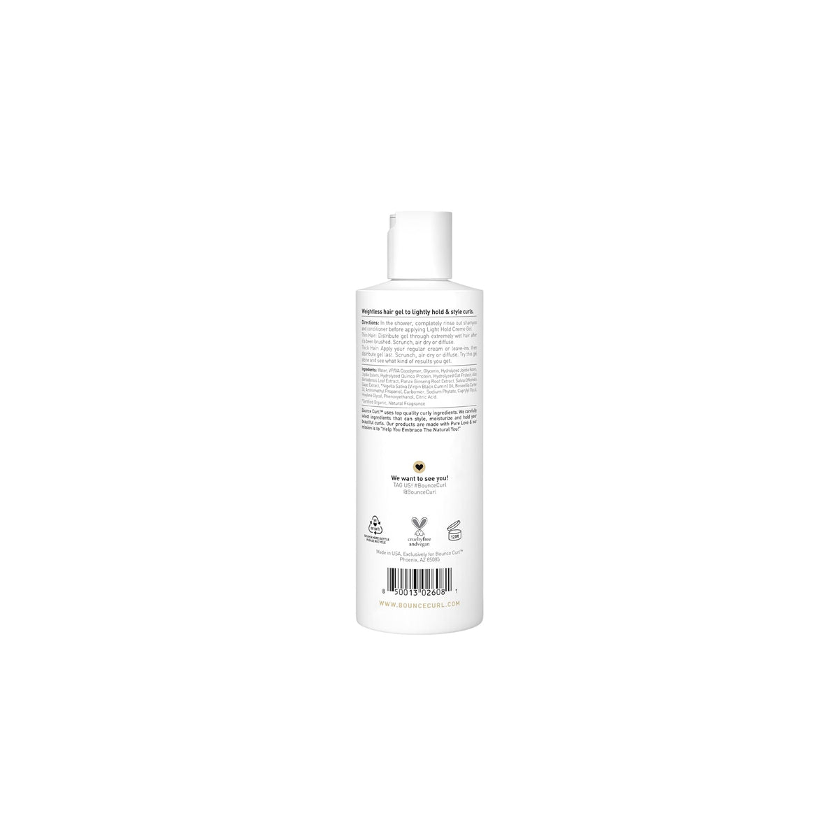 Bounce Curl Light Crème Gel 355ml baking label with product description and ingredient list on white bottle with black text.