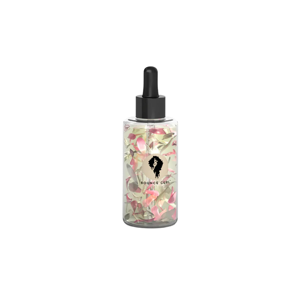 Bounce Curl Light Oil 100 ml in clear glass bottle with dropper and flower infusion, light hair oil that gives shine, moisture and reduces frizz without weighing down curls.