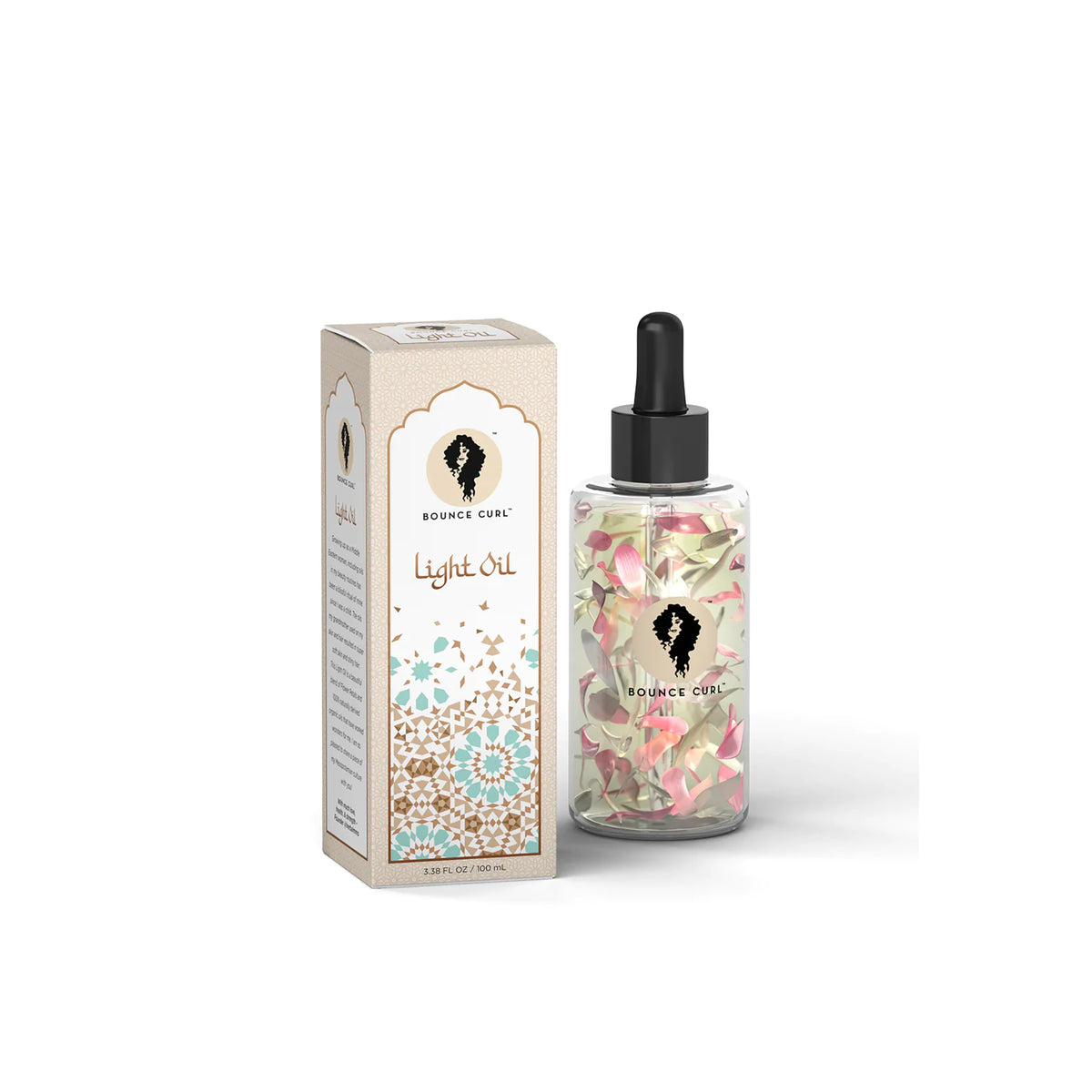 Bounce Curl Light Oil 100ml with flower petals in clear bottle next to elegant patterned packaging in beige and turquoise.