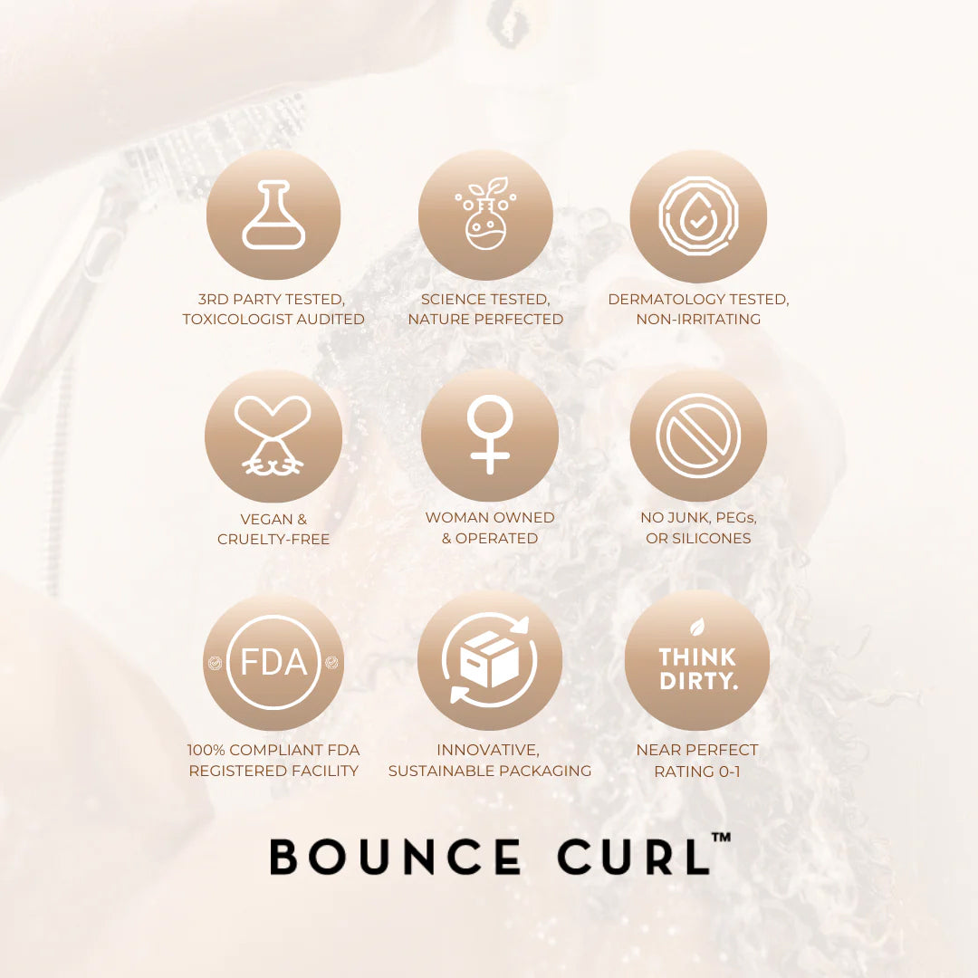 Icons highlight Bounce Curl Light Oil 100ml's vegan, silicone-free and dermatologically tested formulas.