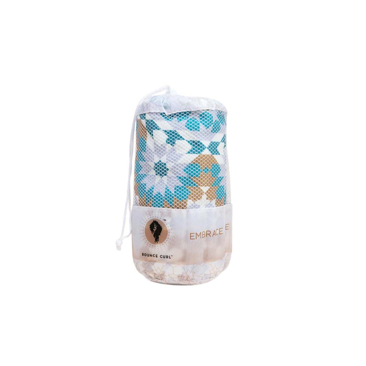 Microfibre towel from Bounce Curl in a white bag with blue and golden patterns, ready for gentle drying of curly hair.